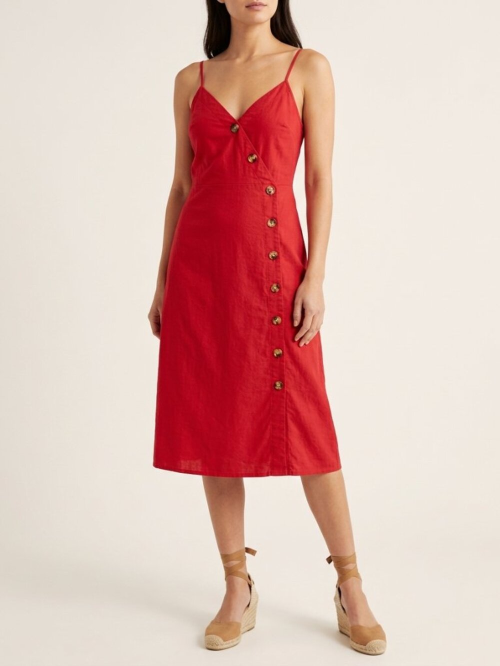 Express Red Midi Sundress Size M 100% Cotton Asymmetric Button Smocked Back